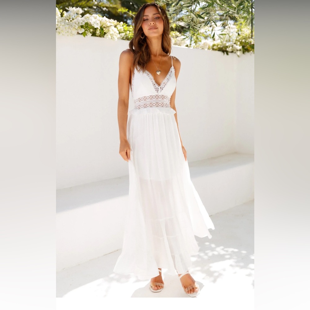 White Lace Maxi Dress - Hello Molly - Bride, Rehearsal Dinner, Engagement Photos